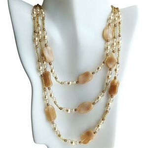 Vintage Three strand Necklace Caramels with Pearl Crystal